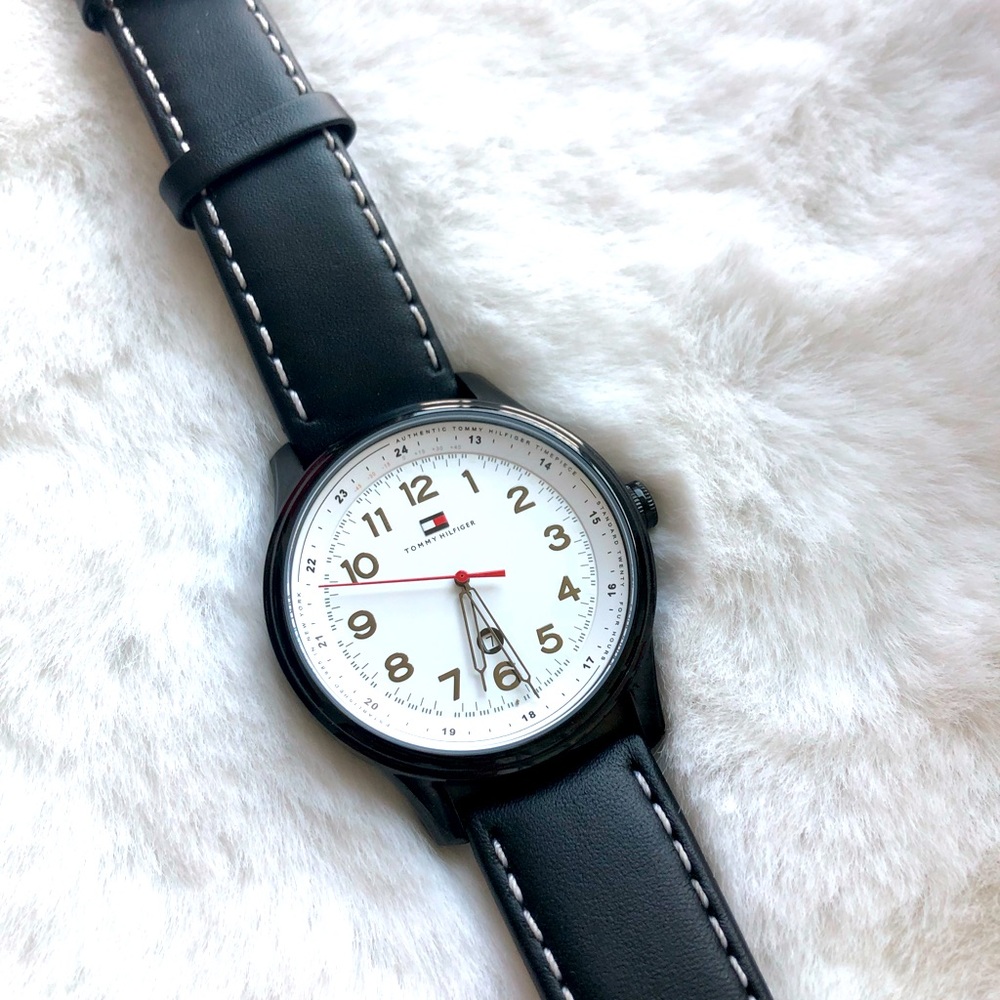 Tommy Hilfiger Men's White Dial Black Leather